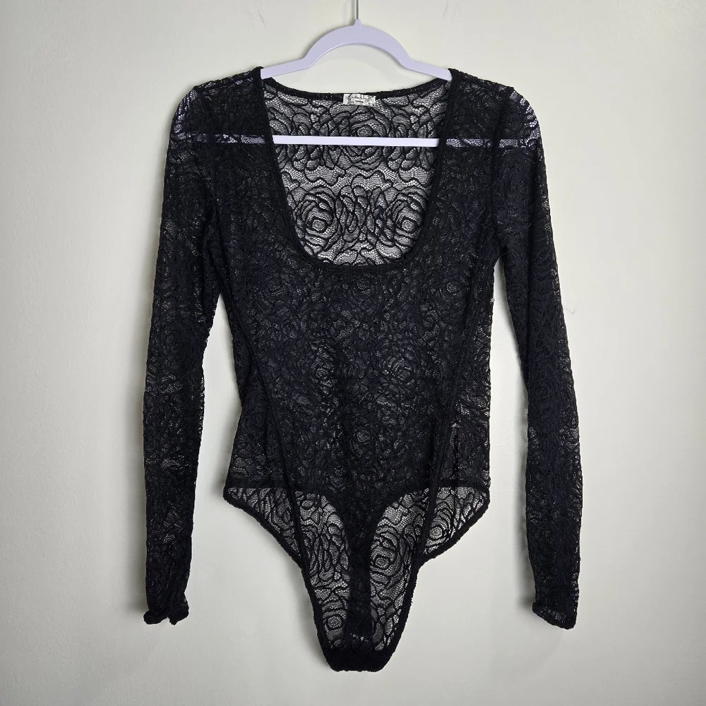 Free People Intimately Floral Lace Square Neck‎ Chic Black Sheer Bodysuit S